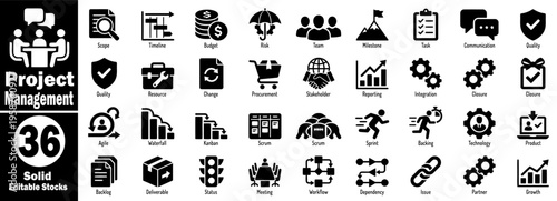 Project management solid editable stock icons. Featuring diverse business activities and team collaboration for digital and print use, vector illustration.
