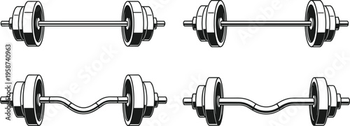 Barbell weightlifting equipment set, straight and EZ curl bars, gym strength training fitness bodybuilding vector illustration collection isolated workout gear