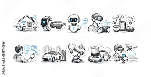 Collection of hand-drawn sketches illustrating various smart technology concepts and devices