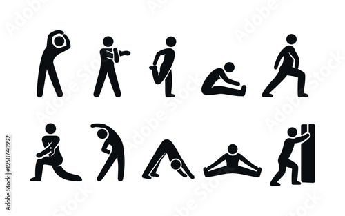 Collection of diverse stick figure poses demonstrating various stretching exercises