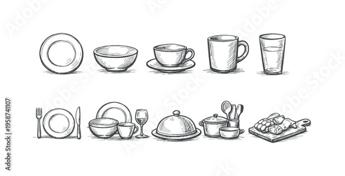 Collection of hand-drawn kitchenware and food items in a sketch style