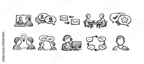 Collection of hand-drawn icons representing communication and collaboration concepts