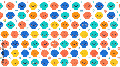 A vibrant and playful seamless pattern of colorful cartoon seashell characters with expressive faces and whimsical details