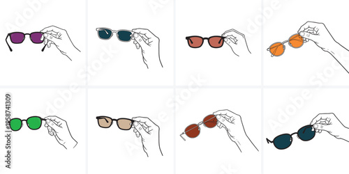 Hand Holding Colorful Sunglasses Collection Set Stylish Eyewear Illustration Variety Pack