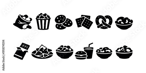 Collection of popular snack icons including popcorn, cookies, chips, and drinks