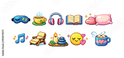 Pixel art icons representing relaxation, self-care, and peaceful activities