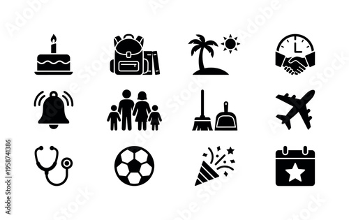 Collection of diverse black icons representing various life events and activities