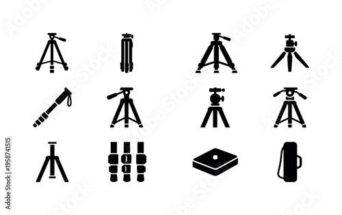 Collection of camera tripod and accessory icons in black silhouette
