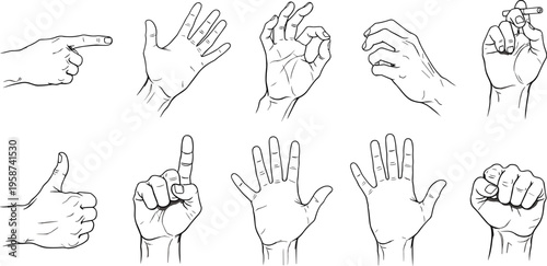 Tableau sur toile Black and white illustration of hand gestures, line drawing artwork, communicati