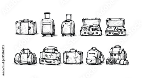 Collection of hand-drawn luggage and travel gear, perfect for adventure and vacation themes