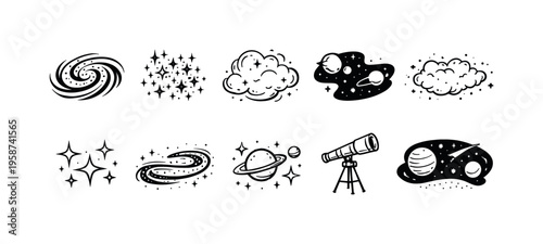 Collection of hand-drawn space icons including galaxies, stars, planets, and a telescope