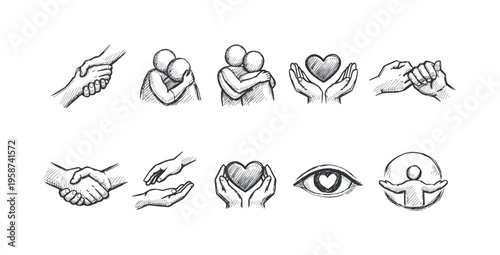 Collection of hand-drawn icons representing care, support, and connection