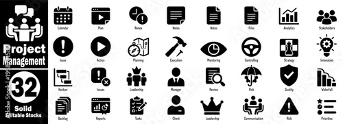 Project management solid editable stock icons. Featuring business, planning, execution, and team coordination, useful for web and print vector illustration.