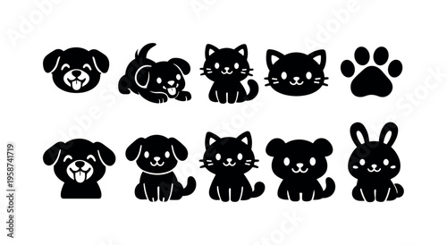 Collection of cute black animal icons including dogs, cats, a bear, and a rabbit