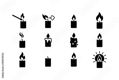 Set of black candle icons showing different states and actions