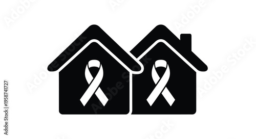 Two adjacent house outlines featuring awareness ribbons inside symbolize shared community support, housing charity, or domestic health initiatives.