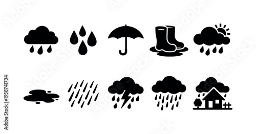 Collection of weather icons representing rain, clouds, and protection from precipitation
