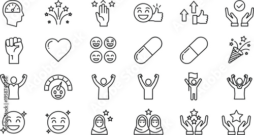 Black and white mental health icons, emotional well‑being illustration, empowerment artwork, wellness design reference, happiness symbols, supportive community sketch