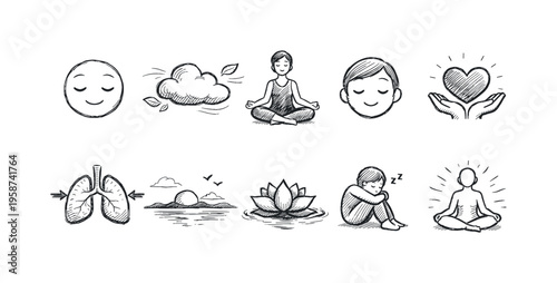 Collection of hand-drawn icons representing calmness, mindfulness, and well-being
