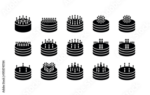 Collection of black silhouette birthday cakes with candles for celebrations