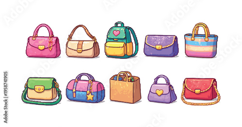 Collection of colorful pixel art handbags and backpacks for fashion and accessory design