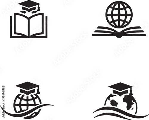 Symbols representing education, global knowledge, and academic achievements on a wave background