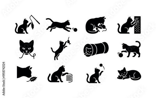 Collection of playful cat silhouettes engaging with various toys and activities