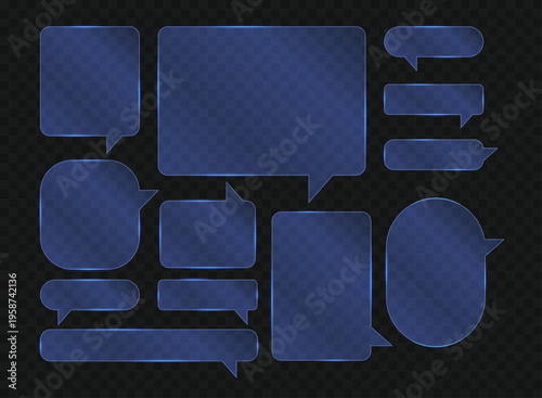 Set of blue glassmorphism speech bubbles with frosted glass effect