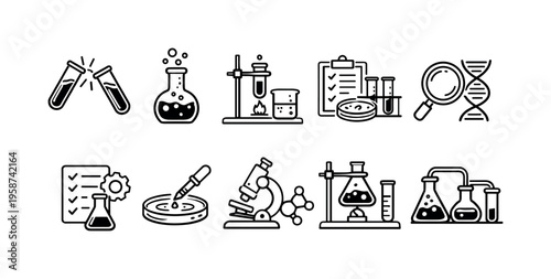 Collection of scientific laboratory icons representing research and discovery