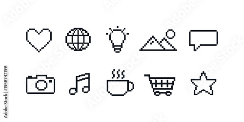 Collection of simple pixel art icons for digital interfaces and applications