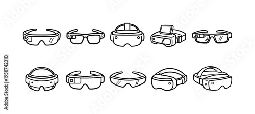 Collection of diverse virtual and augmented reality headset icons in a simple line art style