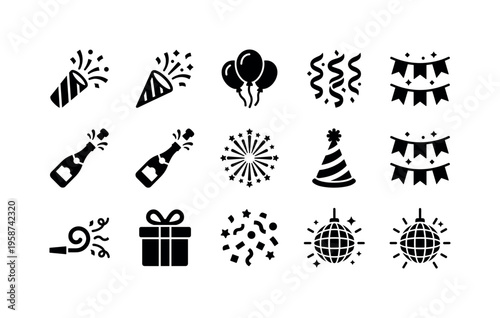 Collection of festive celebration icons including confetti, balloons, and party hats