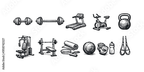 Collection of hand-drawn fitness equipment icons for a healthy lifestyle and exercise routines