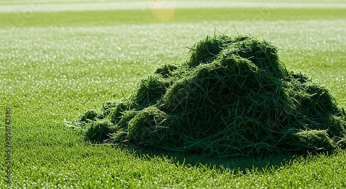 A neatly accumulated pile of fresh, vibrant green grass clippings on a perfectly manicured lawn, signifying diligent garden maintenance performed with modern machinery and effective care