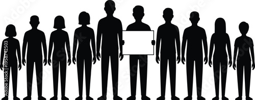 Group of people silhouettes holding blank sign, community protest concept illustration, diverse human figures vector, social awareness design isolated on white background