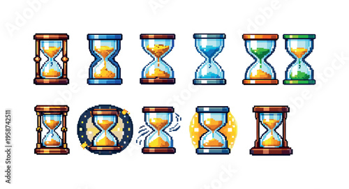 Collection of pixel art hourglass icons with different colored sand and frames