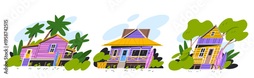 Set of three colorful beach bungalows with surfboards on isolated background