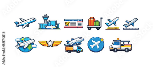 Pixel art icons representing various airport and aviation elements in a clean, organized layout