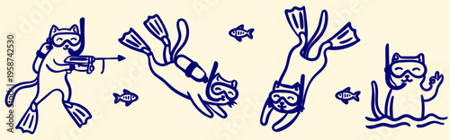 hand drawn cat scuba diving and snorkeling vector set funny kitten characters underwater with flippers and masks for stickers and prints