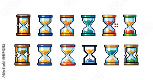 Collection of pixel art hourglass icons with different colored sand and frames
