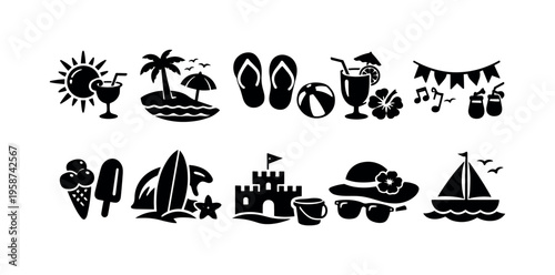 Collection of summer vacation icons including sun, island, drinks, and beach items