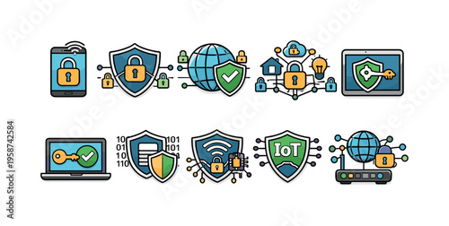 Digital security icons representing connected devices, networks, and data protection