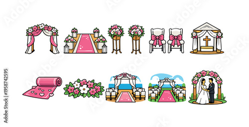 Collection of cartoon wedding ceremony decorations and elements