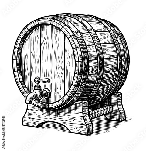 Vintage wooden beer barrel with tap in detailed engraving style, isolated on white background. Classic brewery equipment illustration for labels, packaging, and branding.