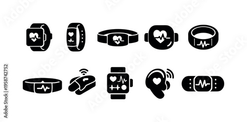 Collection of health monitoring wearable device icons with heart rate symbols
