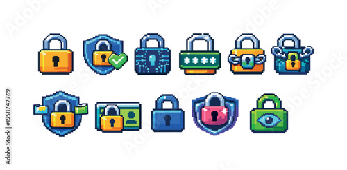 Pixel art security icons featuring locks, shields, and identification for digital safety