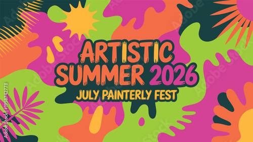 Brightly colored abstract background design promotes an artistic summer festival event in 2026.