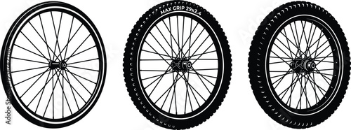 Bicycle wheel set with road and mountain tires illustration, detailed cycling equipment vector design, bike wheels isolated on white background