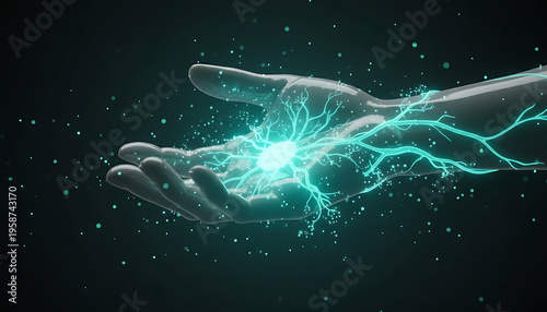Transparent hand holding glowing cyan energy network