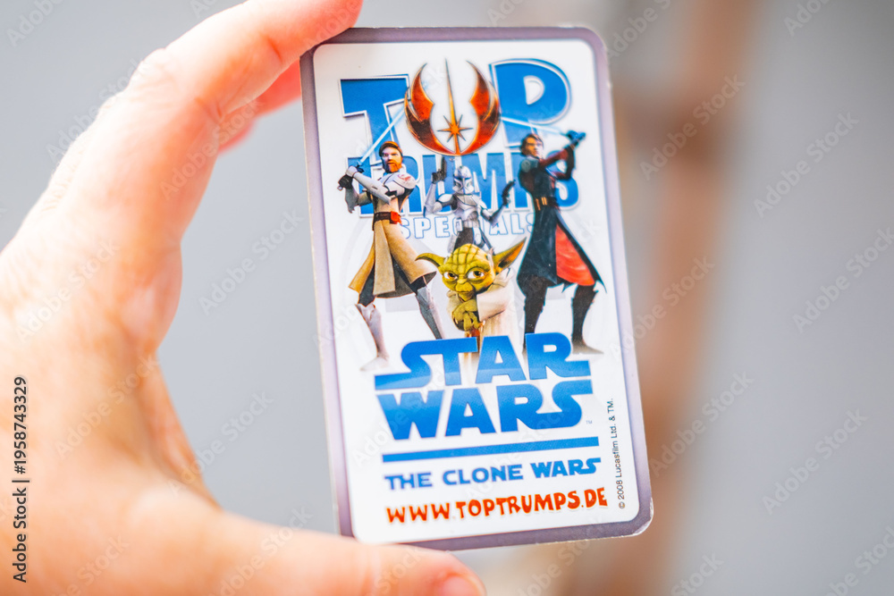 Obraz premium Star Wars Force Attax strategic trading cards by Topps , variety collectible gaming cards featuring movie characters, hobby activity and entertainment, playing Nostalgic and modern entertainment